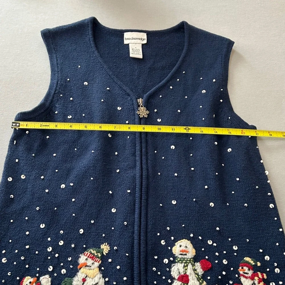 Vintage Breckenridge Navy Blue Snowman‎ Sequin Zip Up Vest Women's Medium